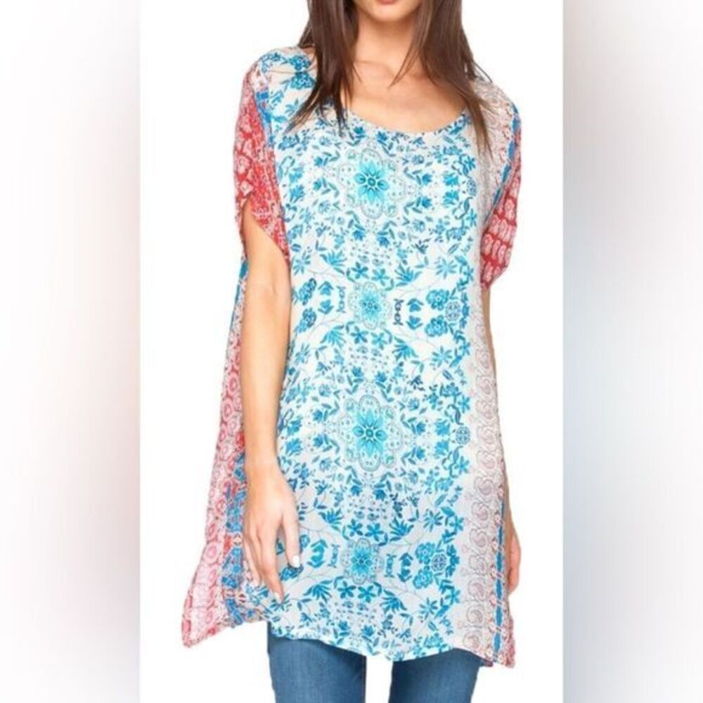 Johnny‎ Was Bayla Paisley Floral Blue Red Long Tunic Top Size XS